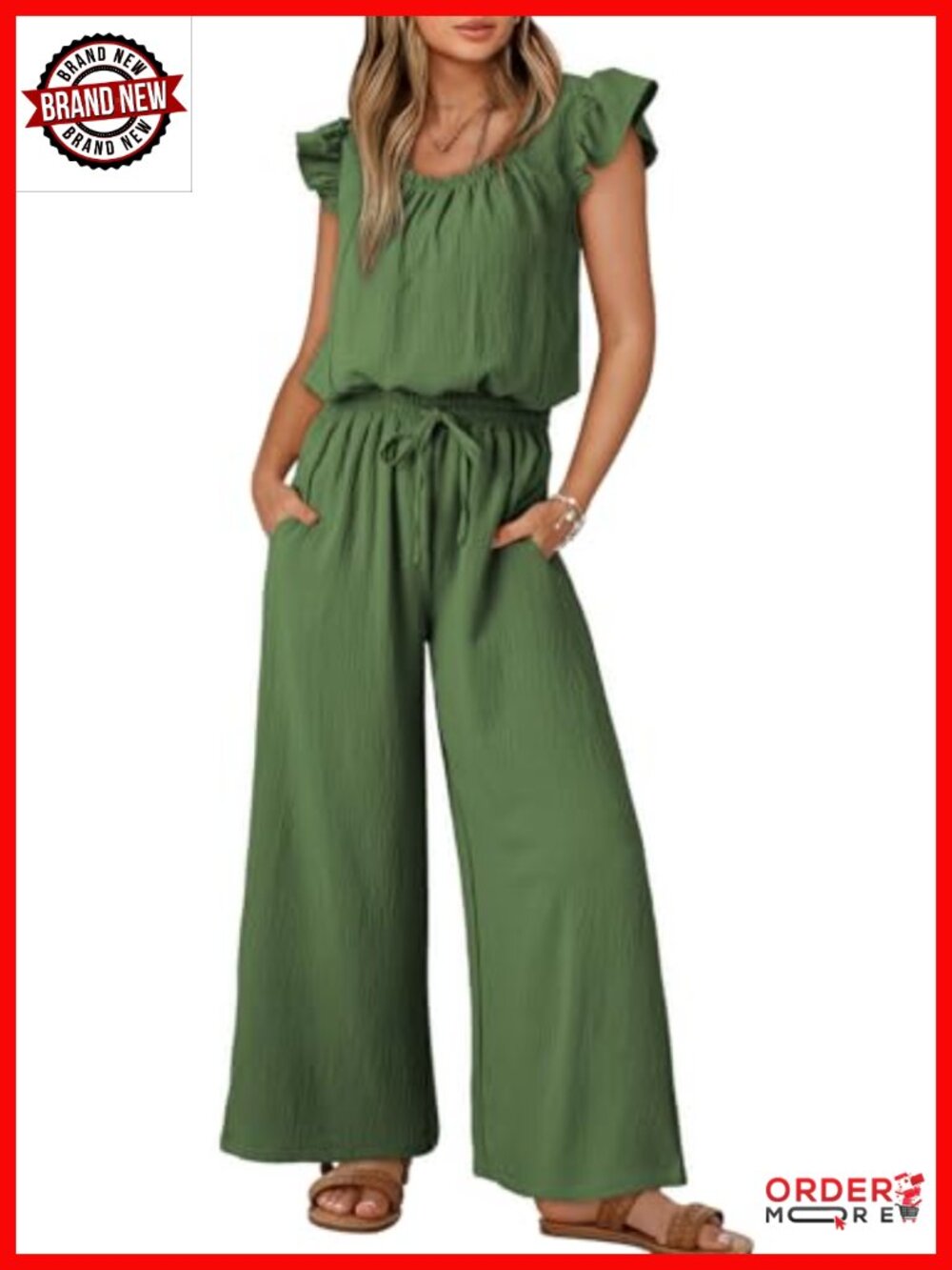 Women's Ruffle Sleeve Square Neck Wide Leg Jumpsuit with Pockets